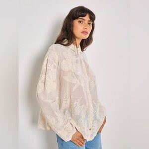 APRICOT 🍑Boho Embroidered Cream Button-Front Shirt